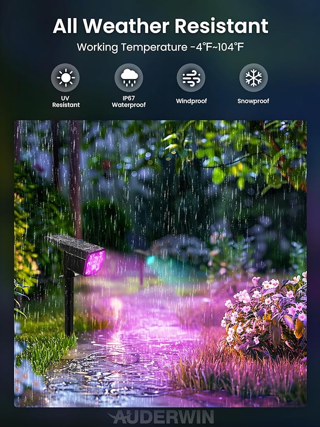 Color Changing Solar Spot Lights Outdoor, 9 Modes Colored RGB Solar Lights, IP67 Waterproof Landscape Spotlights for Holidays