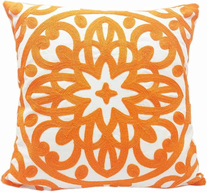 Alysheer Embroidered Decorative Throw Pillow Cover 20"x 20", Boho Mandala Modern Thick Embroidery Pattern, Durable Cotton Canvas Soft Cushion Case for Sofa Couch Bed Living Room (Bright Orange)
