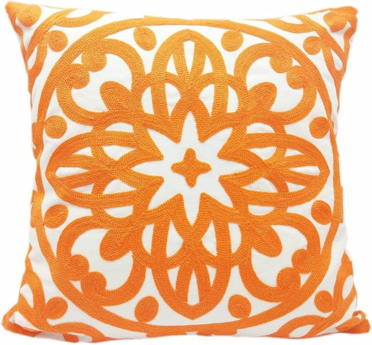 Alysheer Embroidered Decorative Throw Pillow Cover 20"x 20", Boho Mandala Modern Thick Embroidery Pattern, Durable Cotton Canvas Soft Cushion Case for Sofa Couch Bed Living Room (Bright Orange)