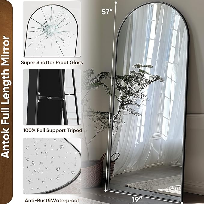 Antok Full Length Mirror, 58"x18" Floor Mirror with Stand, Hanging Mounted Mirrors for Bedroom, Living Room, Cloakroom, Dining Room, Black, Arched