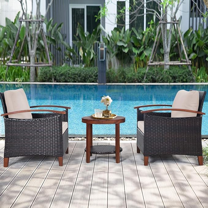 Tangkula 3 Pieces Patio Rattan Furniture Set, Outdoor Wicker Sofa Set w/Washable Cushion and Acacia Wood Tabletop, High Load Bearing Chair with Coffee Table, Conversation Furniture (Turquoise & Beige)