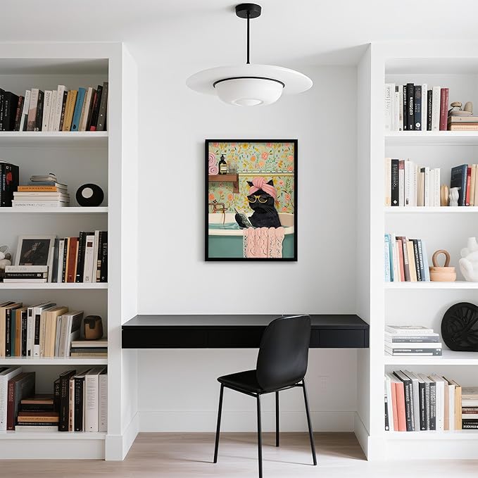 Framed Vintage Cat Canvas Wall Art, Funny Pink Animal Reading Books Painting Picture Print, Cute Kitten Lovers Aesthetic Wall Decor for Nursery Girls Room Bedroom Kids Room 24''L x 16''W