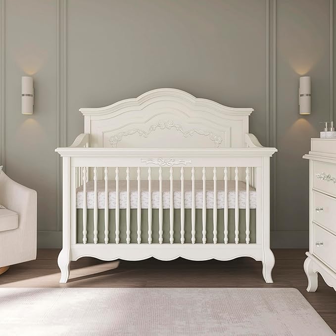 évolur Aurora 5-in-1 Convertible Full-Size Baby Crib in Ivory Lace, GreenGuard Gold & JPMA, 3 Mattress HeightsRibbon Bow Scrollwork & Queen Anne Feet, Converts to Toddler, Day & Full-Size Bed