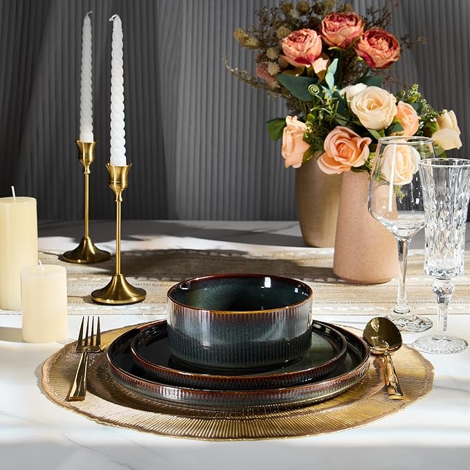 E-far 12-Piece Plates and Bowls Sets, Stoneware Dinnerware Dishes Sets for 4, Kitchen Modern Dining Dishware, Chip & Scratch Resistant, Microwave & Dishwasher Safe, Blackish Green