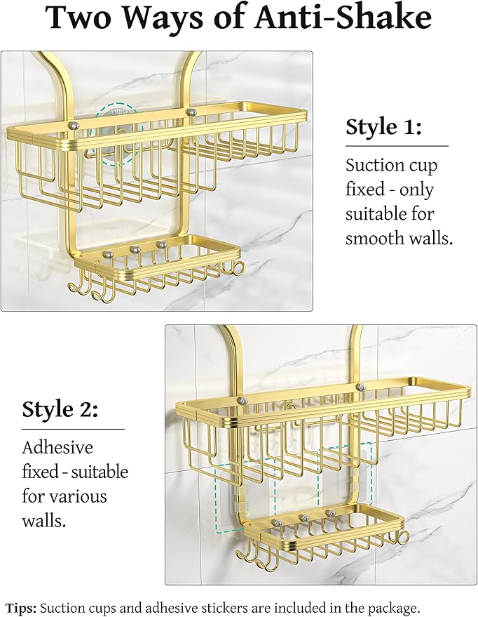 YASONIC Shower Caddy Over Shower Head Never Rust Aluminum Large Hanging Shower Caddy with 10 Hooks for Razor/Sponge - Over The Shower Head Caddy with Soap Basket - Hanging Shower Organizer Gold