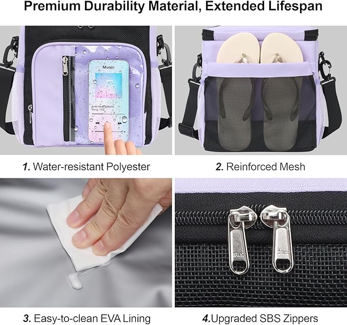 F-color Hanging Shower Caddy Portable - College Dorm Essentials for Girls with Hooks, Soft Crossbody Shoulder Strap, Multiple Pockets, Quick-Dry Shower Bag for Dorm Travel Essentials, Purple