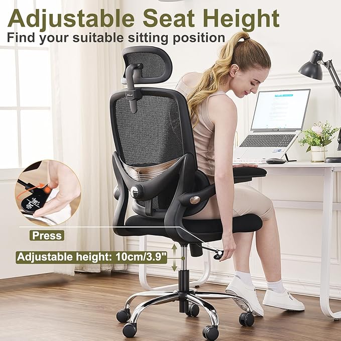 Ergonomic Home Office Chair, High Back Mesh Desk Chair with Adjustable Lumbar Support, Flip-up Armrest, Removable Headrest, Swivel Computer Gaming Chair, Space Saving, 330LBS (Black)
