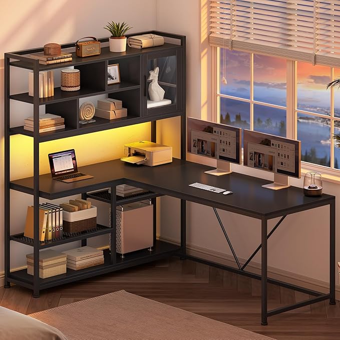 SEDETA L Shaped Computer Desk, 58'' Office Desk with LED Light and Bookshelf, L Shaped Corner Desk with Storage Shelves for Home Office, Gaming Desk, L Desk, Black