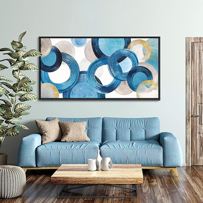 HKDGOKA Large Wall Art Living Room - Framed Abstract Canvas Wall Art Bedroom Teal Blue Circle Fantasy Painting Artwork Pictures Ready to Hang for Kitchen Bathroom Office Home Decor 29x58 In