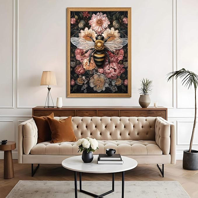 Framed Vintage 3D Textured Wall Art - Dark College Bee Flowers Wall Decor - Hand Drawn Sandstone Nature Botanical Pictures for Living Room Bedroom Home Decor 24x36in