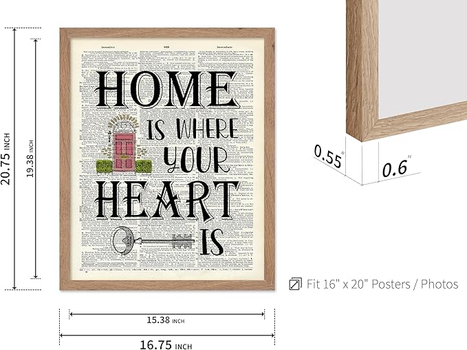 Poster Master Dictionary Art Poster - Home Is Where Your Heart Is Print - Motivational Art - Gift for Men & Women - Inspiring Wall Decor for Dorm, Bedroom or Living Room, 16x20 Beige Framed