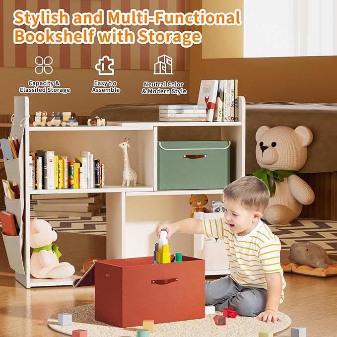 4 Cube Storage Organizer, 32inch Wooden Extendable Book Shelf DIY Bookcase with 2 pcs Storage Cabinet and Side Pockets, Open Storage Cabinet for Living Room, Bedroom, Home, Office