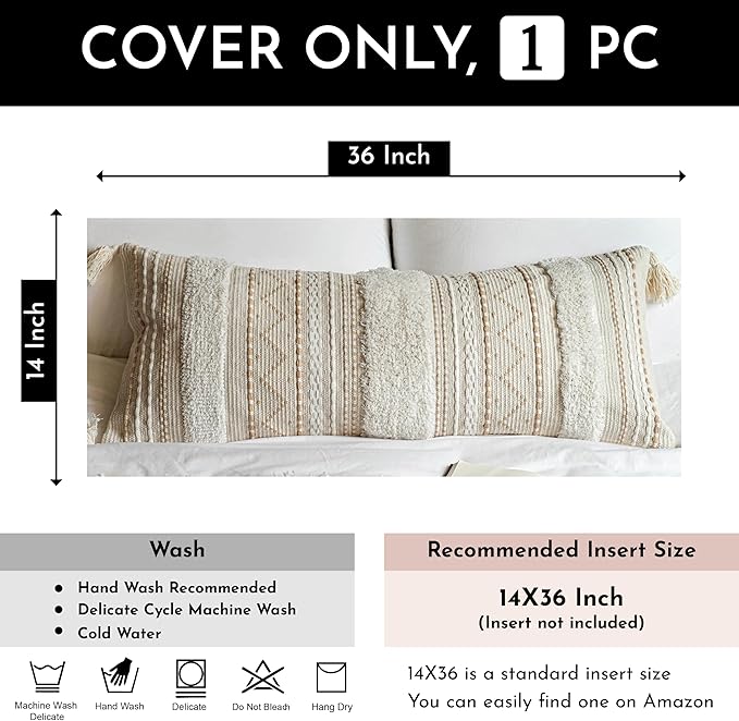 Cream Decorative Lumbar Throw Pillow Cover 14x36 Boho Long Cushion for Bed Neutral Accent Farmhouse Pillowcase for Bedroom Living Room Couch Sofa Home Décor (Cover ONLY, Pack of 1)