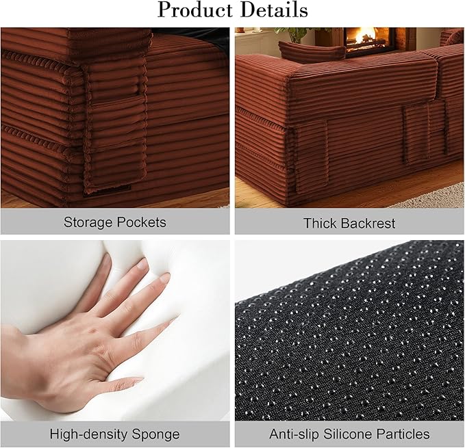 Sectional Boneless Couch Convertible Sofa Bed, 78'' Modular Sectional Sleeper Sofa with Removable Armrests & 3 Pillows, Small Floor Couch No Assembly Needed for Living Room, Office, Bedroom, Orange