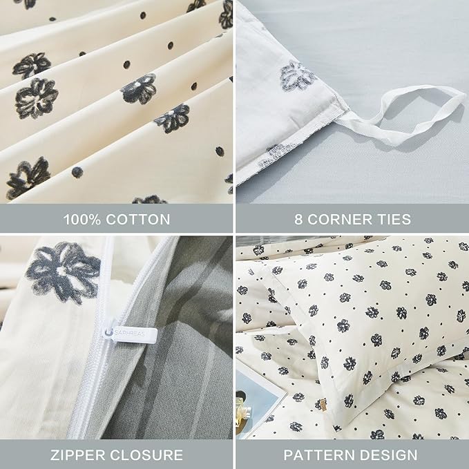 SAPHREAS Black Watercolor Floral Duvet Cover Set 3pcs King Size Botanical White Bedding Comforter Cover Set 100% Cotton 1 Duvet Cover 104"x90" 2 Pillow Shams, Comforter Not Included