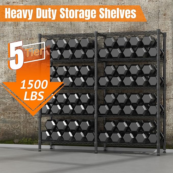 Homdox 5 Tier Storage Shelves Wire Shelving Unit Metal Shelves for Storage Heavy Duty Garage Shelf Pantry Shelves Kitchen Shelving, 14"x60"x72", Black
