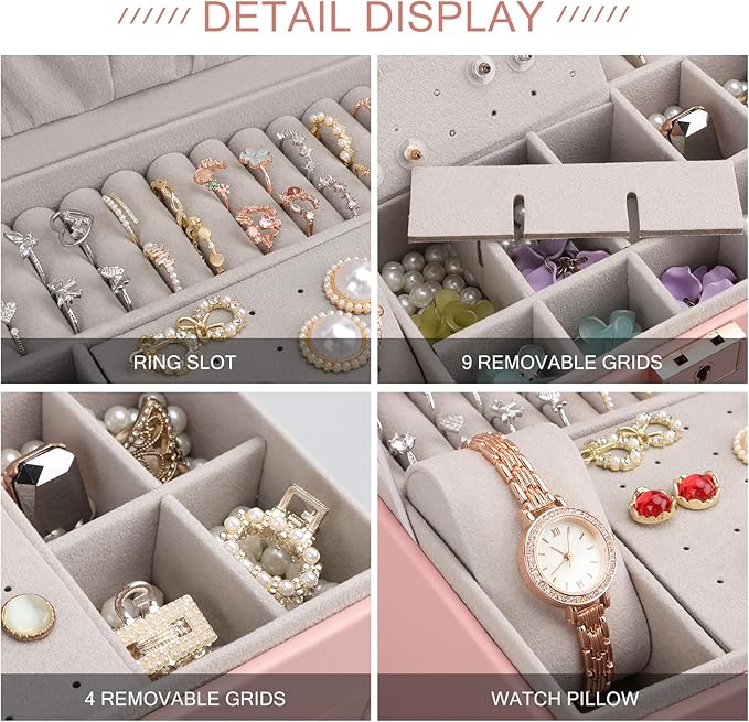 DesignSter Jewelry Box, Jewelry Organizer with 2 Drawers, 3 Layers Leather Jewelry Storage Box with Lock, Jewelry Storage Case for Necklaces Earrings Bracelets and Rings（Pink）