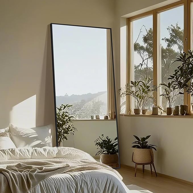 Delma Wall Full Length Mirror,Standing Mirror Full Body,Large Floor for Wall Door Bedroom Bathroom Living Room with Aluminium Frame(with Stand,70x30-Black)