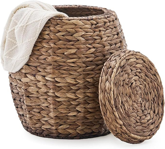 Round Wicker Basket with Lid, Handwoven Water Hyacinth Storage Basket, Blanket Organizer Basket for Laundry, Bathroom, Bedroom, Living Room, Office