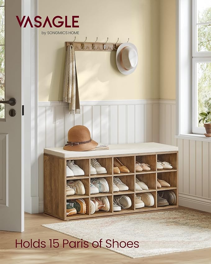 VASAGLE CUSTOS Collection - Shoe Bench, Storage Bench with Padded Seat, Entryway Bench with 15 Compartments, for Bedroom, 11.8 x 41.3 x 18.9 Inches, Honey Brown and Cappuccino Beige ULHS015K02