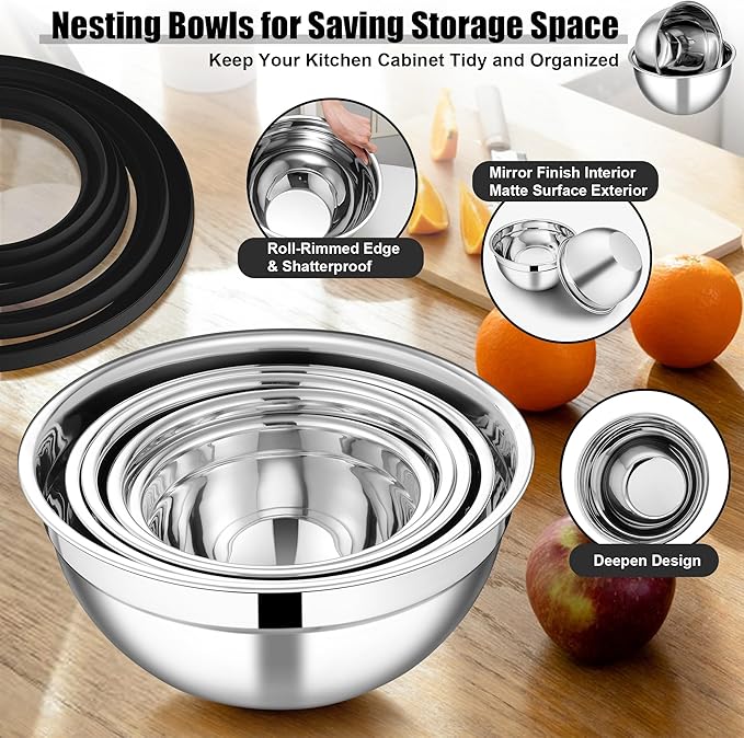 E-far Mixing Bowls Set of 5, Stainless Steel Salad Mixing Bowl with Transparent Lid, Metal Nesting Bowl Attach with 3 Graters for Kitchen Prepping/Serving/Baking/Storage, 4.6/2.6/1.5/1/0.7 QT - Black