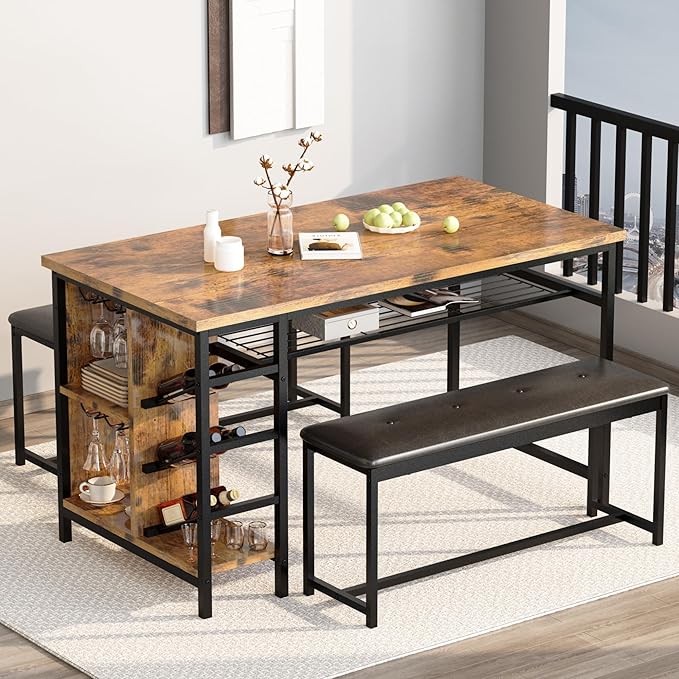 AWQM Space Saving Dining Table Set for 2-4 People, 53" Kitchen Table with 2 Upholstered Bench, Dinner Table with Wine Rack Glass Holder and Storage Shelf, 3-Piece Dinette Table for Small Apartment