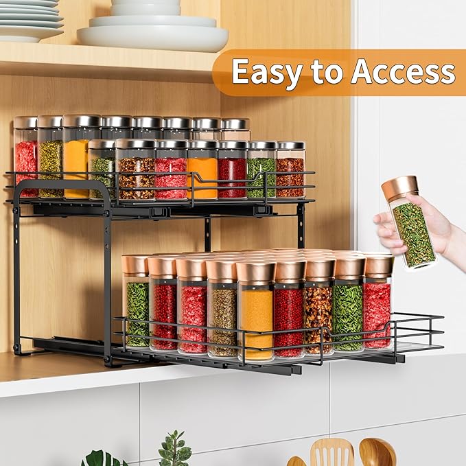 RCHYFEED Spice Rack Organizer for Cabinet, 2 Tier Slide out Spice Organization for Inside Cabinets & Pantry, Heavy Duty Adjustable Metal Spice Racks for Seasoning Organizer (13.5" Wx10.5 Dx9.5 H)