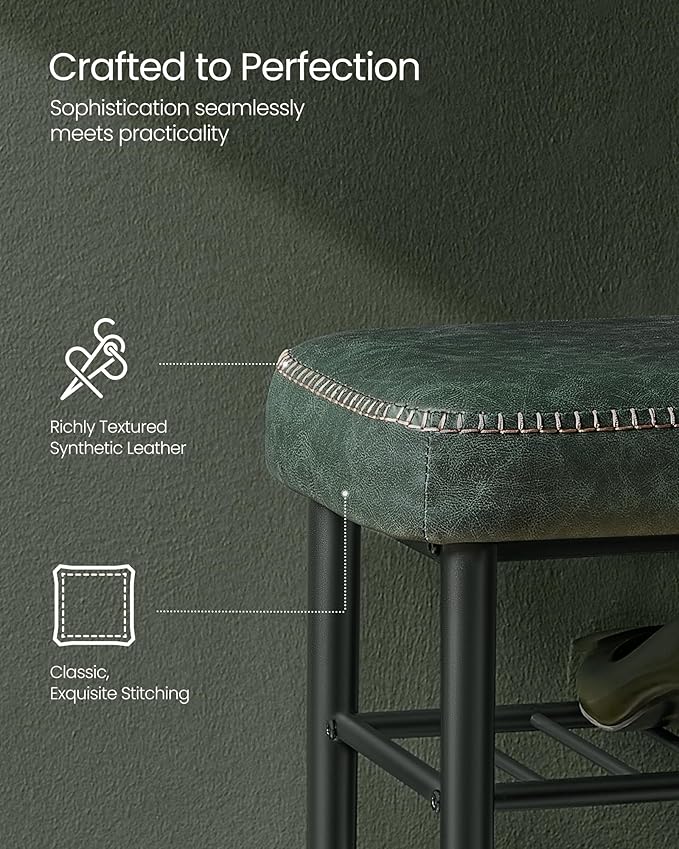 VASAGLE EKHO Collection - Shoe Rack Bench, Storage Bench for Entryway, Synthetic Leather with Stitching, Mid-Century Modern, Loads 300 lb, 11.8 x 31.5 x 19.7 Inches, Forest Green ULSB054C01