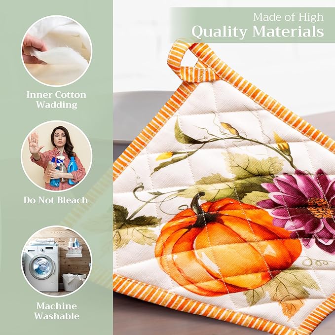 Maison d' Hermine Pot Holders Set 100% Cotton Heat Resistant Potholders 8" x 8" Hot Pads with Loop for Thanksgiving Christmas Decorations Handling Hot Pans (Pack of 2, Pumpkin Garden - Cloudy Cream)