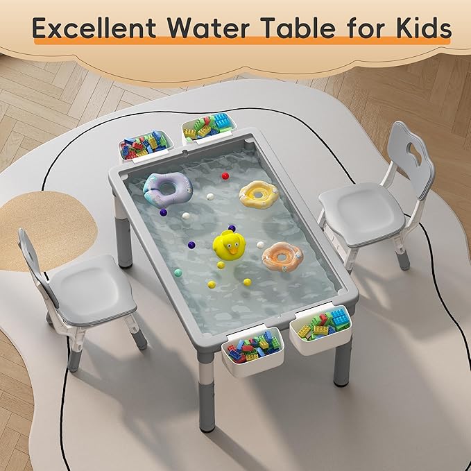 Kids Table and 2 Chairs with Storage, Children Water and Sand Activity Tables Height Adjustable, 34.6''L x 24.4''W Toddler Table for Buliding Blocks, Drawing, Eating, for Kids Age 2-10, Grey