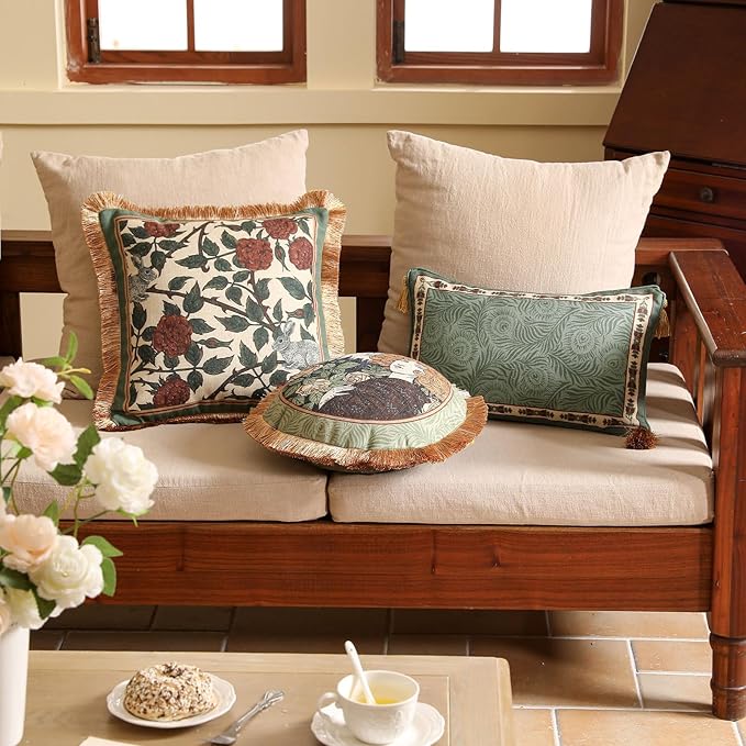 patdrea Designer Throw Pillow Covers Set of 2,French Elegant Green Linen with Rose and Animal Floral Pattern Pillow Covers,Decorative Square Pillowcases Cushion for Bed Living Room Outdoor,18"x18"