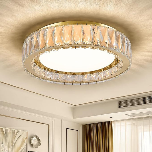15 Inch Gold Modern Crystal Flush Mount Chandelier,Large Dimmable LED 5CCT 3000K-6000K 36W Round Close to Ceiling Lighting Fixtures for Dining Room,Kitchen,Living Room,Bedroom