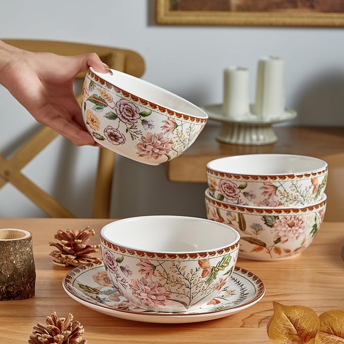 Bico Blooming Moment Cereal Bowls Set of 4, 26 oz Deep Ceramic Soup Bowls for Cereal, Salad, Noodles, Kitchen, Microwave and Dishwasher Safe, Gift for Housewarming and Thanksgiving