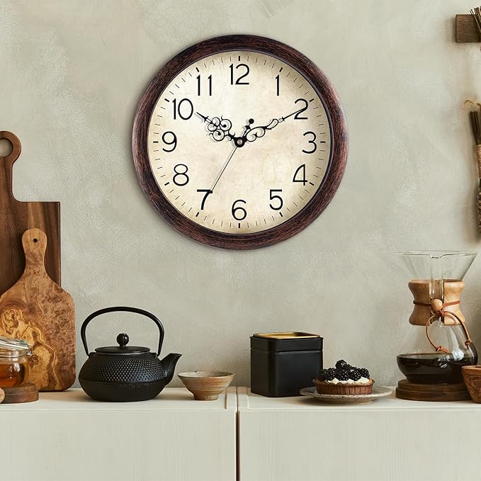 Wall Clock 14 Inch Vintage Wall Clocks Battery Operated Quartz Silent Non-Ticking Large Retro Rustic Style Decorative for Living Room, Home Office, Bedroom, Dining Room (Bronze)