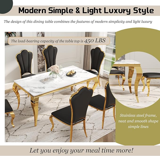Dining Table Set for 6, 7-Piece Kitchen Table Chairs Set, Modern Dining Room Set with 70'' Marble Dinner Table and 6 Petaloid Backrest Upholstered Chairs for Kitchen, Black & Gold
