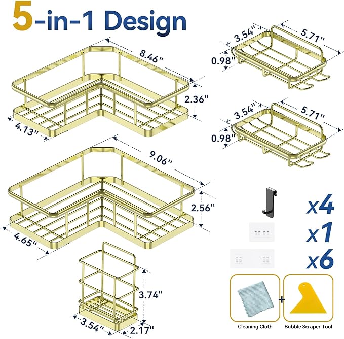 YASONIC Corner Shower Caddy Organizer, 5-Pack Self-Adhesive Rustproof Bath Shelves with Soap Holder & 4 Hooks, Large Capacity Shower Storage Rack for Bathroom Organization, Gold