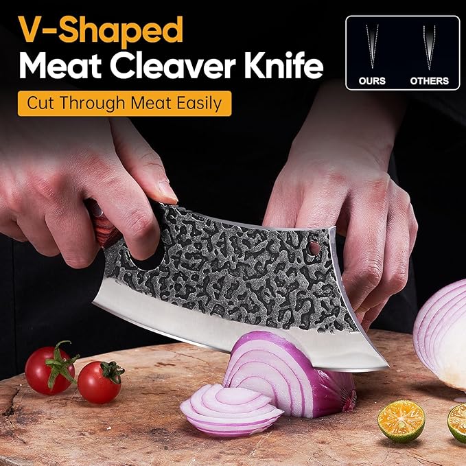 Butcher Knife Set, 3PCS Hand Forged Meat Cleaver, Sharp Serbian Chef Knife & Kitchen Knives & Viking Knives Set for Meat Cutting, Boning Knives for Home、Camping、BBQ Gifts Idea Men