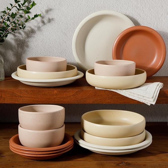 Bloomhouse Corsica Clay 16 Piece Stoneware Rustic Reactive Glaze Dinnerware Set - Stackable Plates and Bowls Set. Service for 4 - Matte Assorted Colors