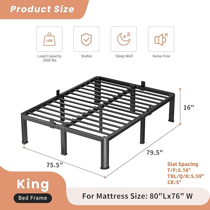16 Inch King Heavy Duty 3500 lbs Bed Frame with Round-Corner Legs & Anti-Squeak Design – Quick Assembly Metal Platform, No Box Spring Needed