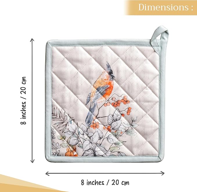 Maison d' Hermine Pot Holders 100% Cotton Heat Resistant Potholders 8" x 8" Hot Pads with Loop for Thanksgiving Christmas Decorations BBQ Cooking Handling Hot Pans (Pack of 1, Whitish Shabby Chique)