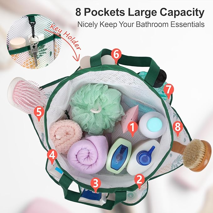 F-color Mesh Shower Caddy Portable with Drawstring - Upgrade Deeper 7 Pockets Dorm Room Essentials for Guys Girls with S Hook, Shower Bag Basket Tote for College Camping Bathroom, Green Pineapple
