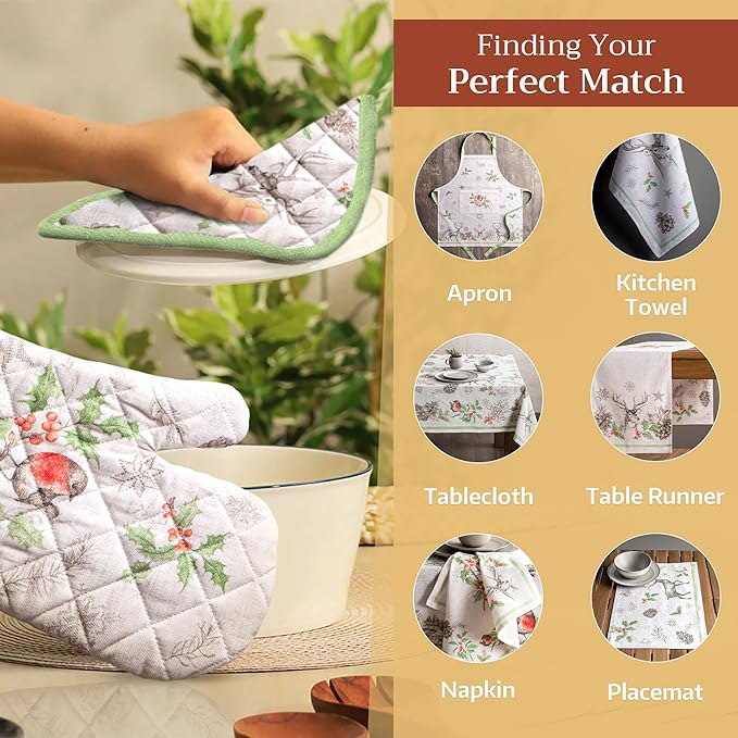 Maison d' Hermine Oven Gloves 100% Cotton Oven Mitt 7" x 13" with Loop Heat Resistant BBQ Cooking Gloves for Thanksgiving Christmas Decorations Baking Handling Hot Pans (Pack of 1, Christmas Dew)