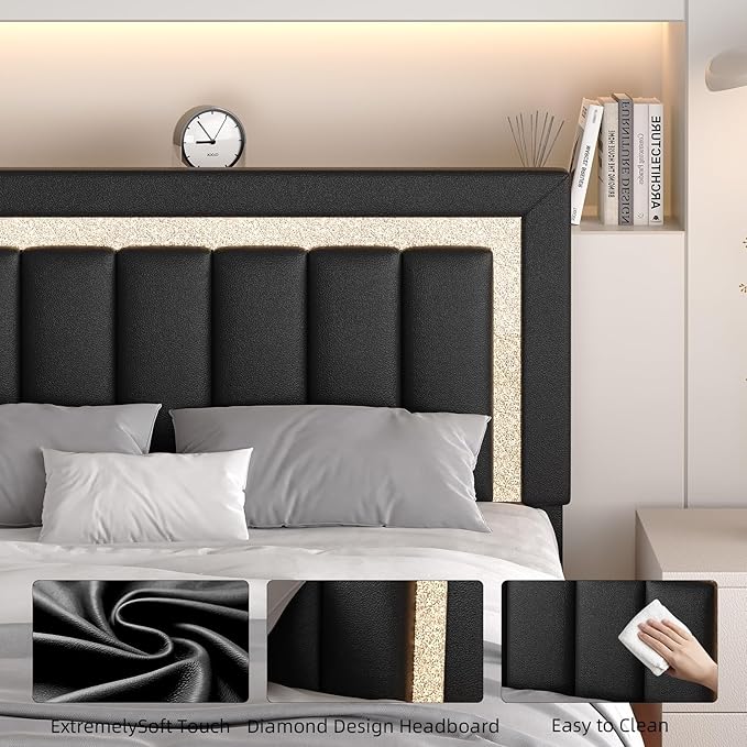 HOMBCK Floating Bed Frame Queen with Smart LED Lights, Faux Leather Upholstered Bed Frame Queen with Diamond Headboard, No Box Spring Needed, Noise Free, Easy Assembly, Black