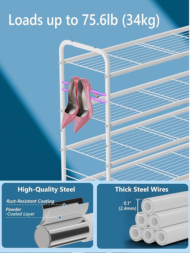 SUFAUY 33" Wide Shoe Rack, 5 Tier Shoe Storage Rack for 24-30 Pairs of Shoes, Shoe Organizer for Entryway, Steel Frame, Industrial, White