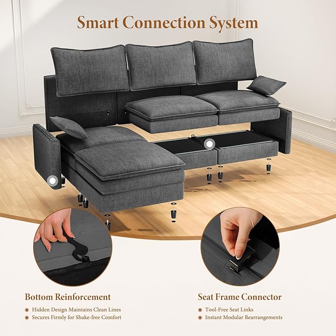 Vesgantti 142" Cloud Couch Sectional Modular Sofa, Comfy Sectional Couch with Ottoman Deep Seat Chenille L Shaped Sofa, Modular Couches for Living Room, Bedroom and Apartment, Gray