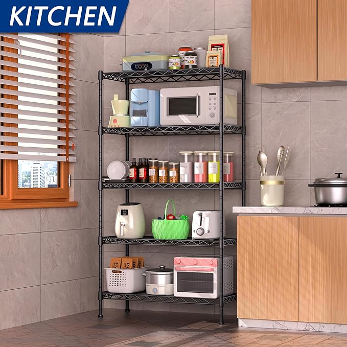 5-Shelf Adjustable Heavy Duty Storage Shelving Unit, Metal Organizer Wire Rack for Laundry Bathroom Kitchen Pantry Closet, Black