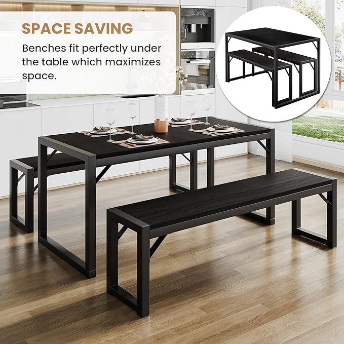 SHA CERLIN Kitchen Dining Table Set for 4 with Benches, Rustic Small Space Saving Dinette, Heavy Duty Metal Frame