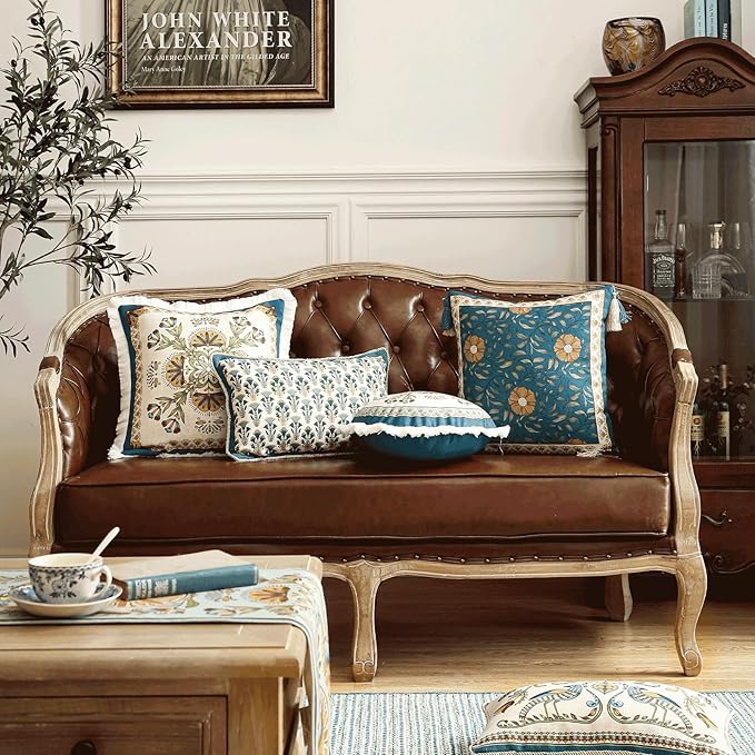 patdrea Designer Rectangle Throw Pillow Covers Set of 2,Rustic Vintage Blue Linen with Floral Pattern Pillow Cover,Decorative Lumbar Pillowcases Cushion for Bed Living Room Outdoor Car,12"x20"