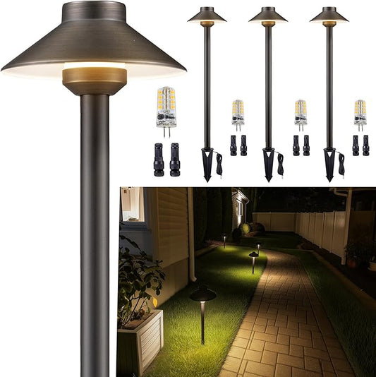 Low Voltage Landscape Lighting Brass, 12v Pathway Lights Waterproof, Hard Wired Path Light Outdoor, Bronze for Exterior Area Patio House with 3W 270LM 3000K Warm White G4 Bulb (4 Pack)