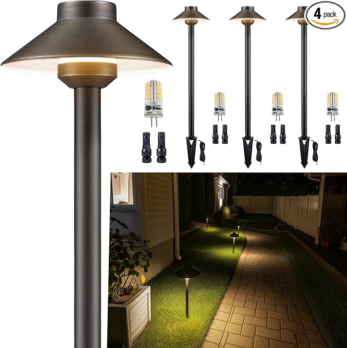 Low Voltage Landscape Lighting Brass - 12v Pathway Lights Waterproof, Hard Wired Path Light Outdoor, Mushroom Bronze for Exterior Area Patio with 3W 4000K Neutral White G4 Bulb (4 Pack)